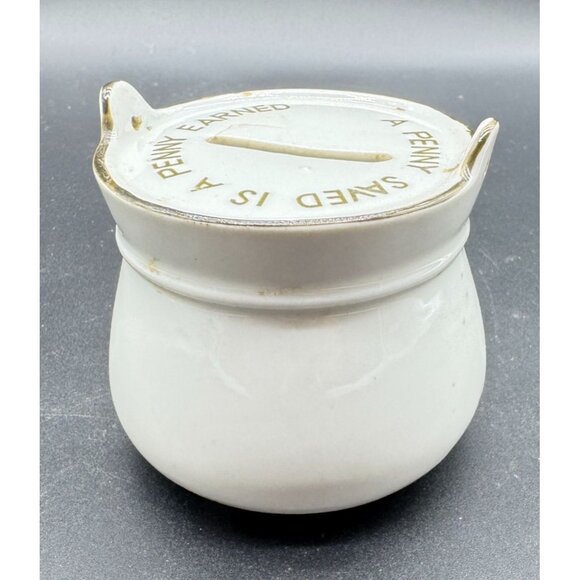 Vintage 1976 Ceramic Penny Bank Pot With Lid "A Penny Saved Is A Penny Earned" - Picture 6 of 7